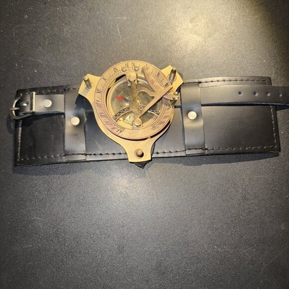 Sundial Wrist Watch Brass Compass & Leather Straps Nautical Steampunk Handmade - Picture 6 of 16